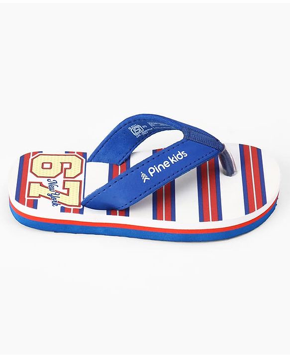 Pine Kids Slip On Flip Flops With Striped & Text Print - Blue & Red