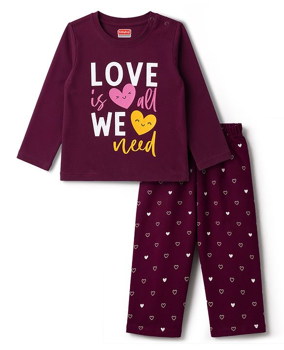Babyhug Cotton Knit Full Sleevess Love Text Printed T-Shirt & Pyjama Night Suit - Maroon