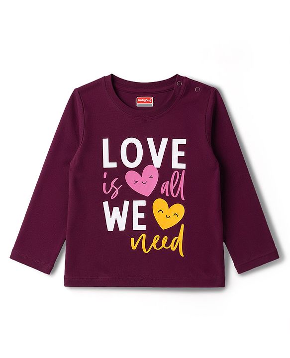Babyhug Cotton Knit Full Sleevess Love Text Printed T-Shirt & Pyjama Night Suit - Maroon