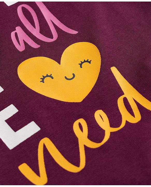 Babyhug Cotton Knit Full Sleevess Love Text Printed T-Shirt & Pyjama Night Suit - Maroon
