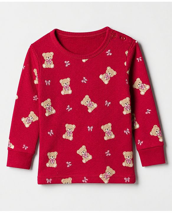 Babyhug Cotton Mix Knit Solid Vest & Pant Thermal Set with Full Sleeves & Teddy Bear Print - Maroon