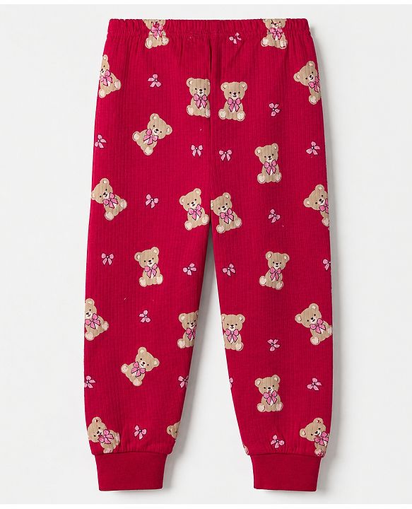 Babyhug Cotton Mix Knit Solid Vest & Pant Thermal Set with Full Sleeves & Teddy Bear Print - Maroon
