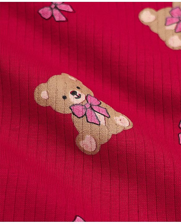 Babyhug Cotton Mix Knit Solid Vest & Pant Thermal Set with Full Sleeves & Teddy Bear Print - Maroon
