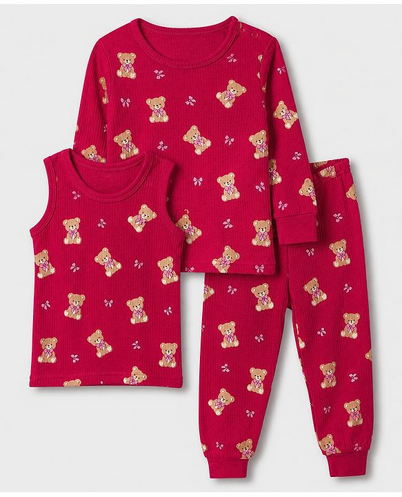 Babyhug Cotton Mix Knit Solid Vest & Pant Thermal Set with Full Sleeves & Teddy Bear Print - Maroon