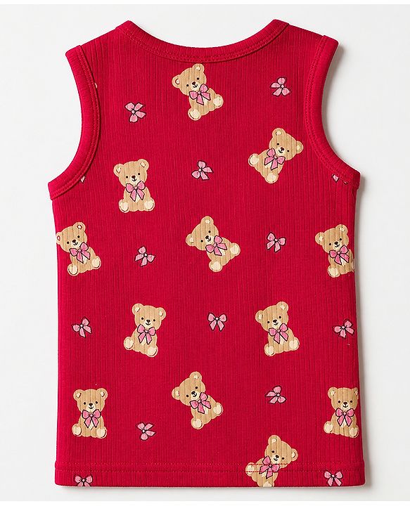 Babyhug Cotton Mix Knit Solid Vest & Pant Thermal Set with Full Sleeves & Teddy Bear Print - Maroon