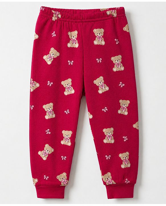 Babyhug Cotton Mix Knit Solid Vest & Pant Thermal Set with Full Sleeves & Teddy Bear Print - Maroon
