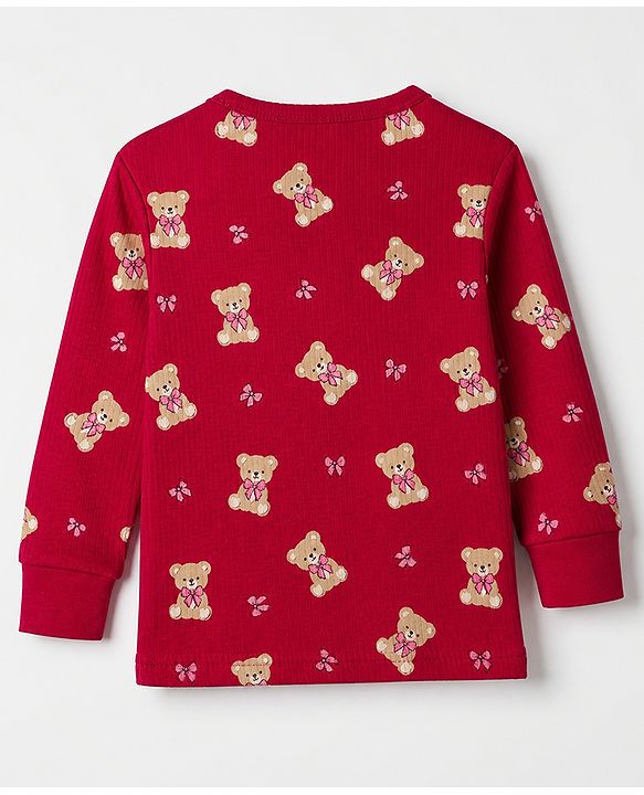 Babyhug Cotton Mix Knit Solid Vest & Pant Thermal Set with Full Sleeves & Teddy Bear Print - Maroon
