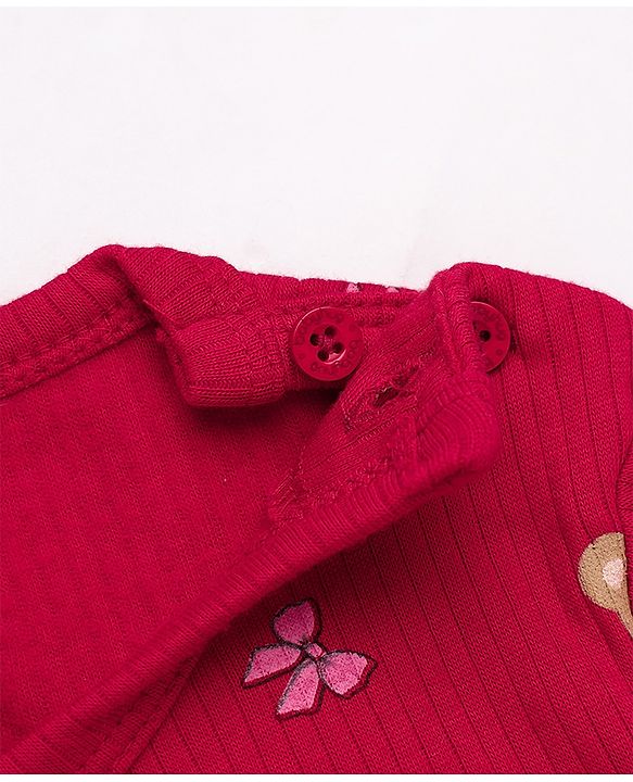 Babyhug Cotton Mix Knit Solid Vest & Pant Thermal Set with Full Sleeves & Teddy Bear Print - Maroon