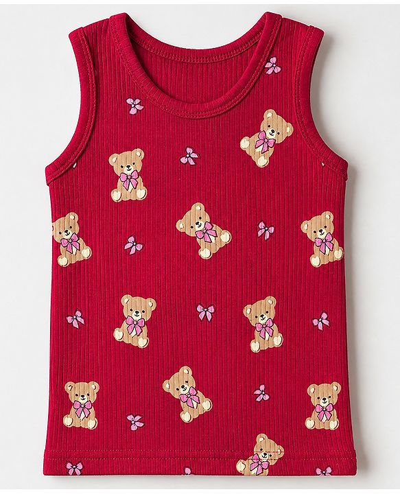 Babyhug Cotton Mix Knit Solid Vest & Pant Thermal Set with Full Sleeves & Teddy Bear Print - Maroon
