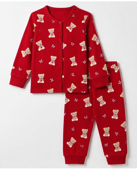Babyhug Cotton Mix Knit Full Sleeves Vest and Pant Thermal Inner Wear Set with Full Length and Bear Print in Maroon