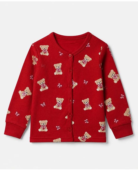 Babyhug Cotton Mix Knit Full Sleeves Vest and Pant Thermal Inner Wear Set with Full Length and Bear Print in Maroon