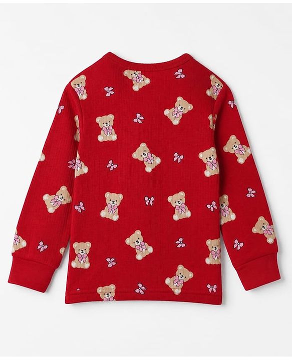 Babyhug Cotton Mix Knit Full Sleeves Vest and Pant Thermal Inner Wear Set with Full Length and Bear Print in Maroon