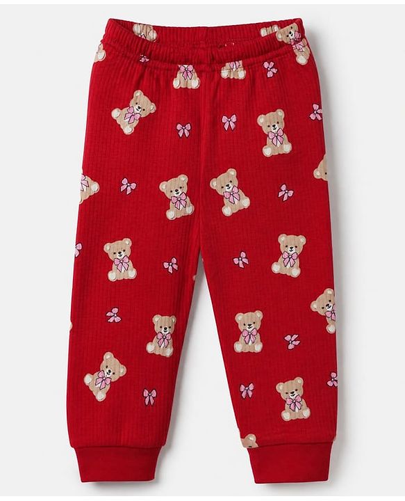 Babyhug Cotton Mix Knit Full Sleeves Vest and Pant Thermal Inner Wear Set with Full Length and Bear Print in Maroon