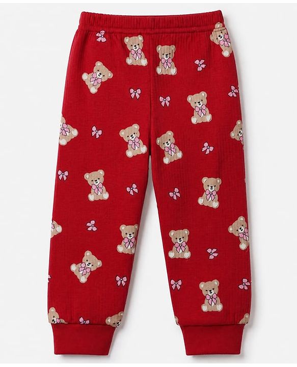 Babyhug Cotton Mix Knit Full Sleeves Vest and Pant Thermal Inner Wear Set with Full Length and Bear Print in Maroon