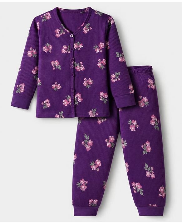 Babyhug Cotton Mix Knit Full Sleeves Floral Printed Thermal Inner Wear Set - Purple