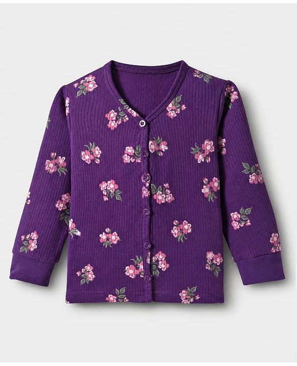 Babyhug Cotton Mix Knit Full Sleeves Floral Printed Thermal Inner Wear Set - Purple