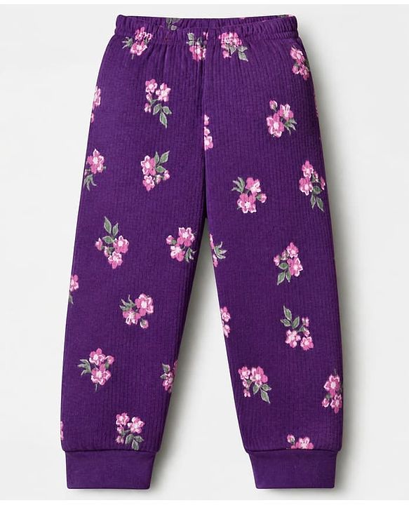 Babyhug Cotton Mix Knit Full Sleeves Floral Printed Thermal Inner Wear Set - Purple