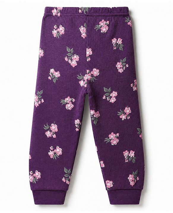 Babyhug Cotton Mix Knit Full Sleeves Floral Printed Thermal Inner Wear Set - Purple