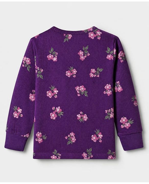 Babyhug Cotton Mix Knit Full Sleeves Floral Printed Thermal Inner Wear Set - Purple
