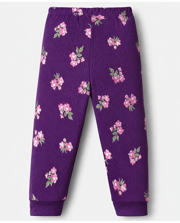 Babyhug Cotton Mix Knit Full Sleeves Floral Printed Thermal Inner Wear Set - Purple