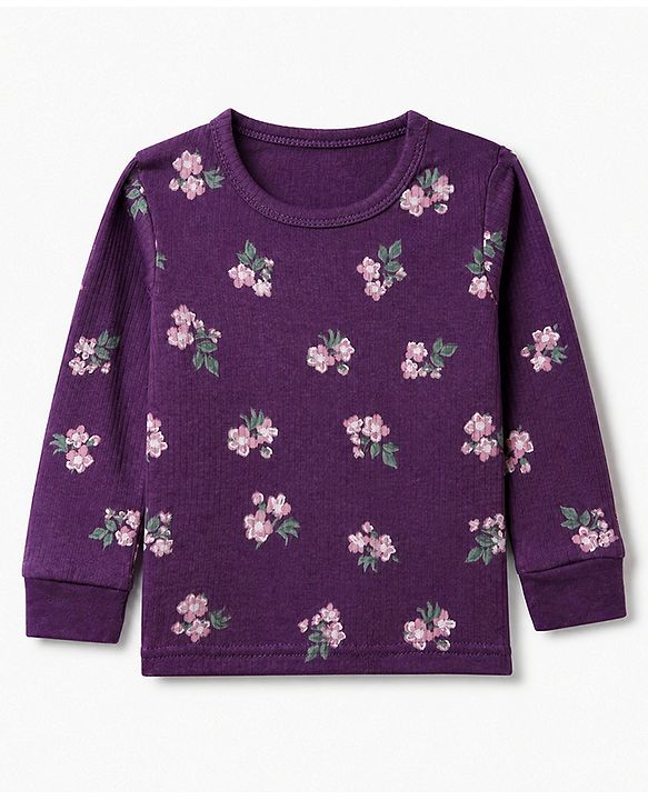 Babyhug Cotton Mix Knit Full Sleeves Thermal Inner Wear Set with Floral Print in Purple