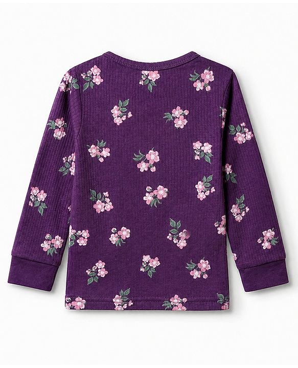 Babyhug Cotton Mix Knit Full Sleeves Thermal Inner Wear Set with Floral Print in Purple