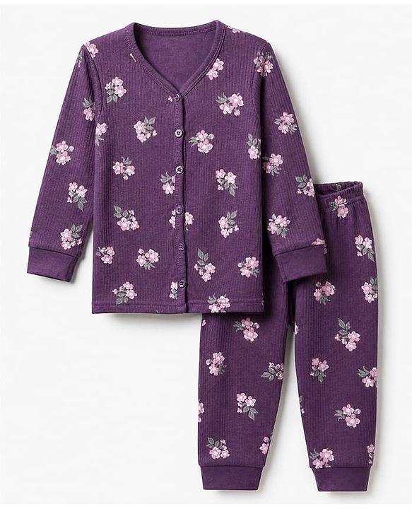 Babyhug Cotton Mix Knit Full Sleeves Thermal Inner Wear Set with Floral Print in Purple