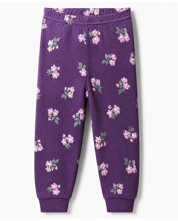 Babyhug Cotton Mix Knit Full Sleeves Thermal Inner Wear Set with Floral Print in Purple