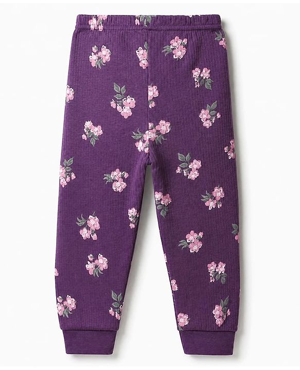 Babyhug Cotton Mix Knit Full Sleeves Thermal Inner Wear Set with Floral Print in Purple