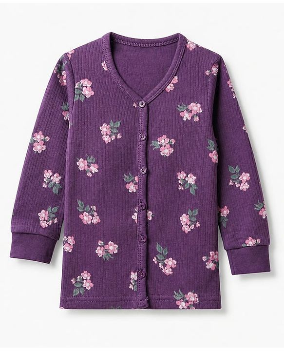 Babyhug Cotton Mix Knit Full Sleeves Thermal Inner Wear Set with Floral Print in Purple