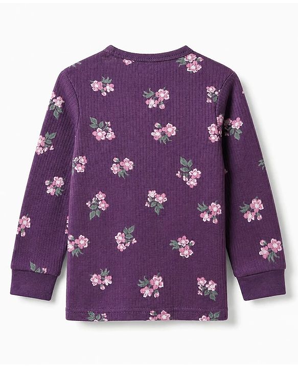 Babyhug Cotton Mix Knit Full Sleeves Thermal Inner Wear Set with Floral Print in Purple