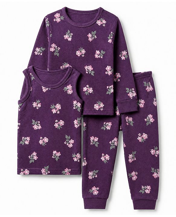 Babyhug Cotton Mix Knit Full Sleeves Thermal Inner Wear Set with Floral Print in Purple