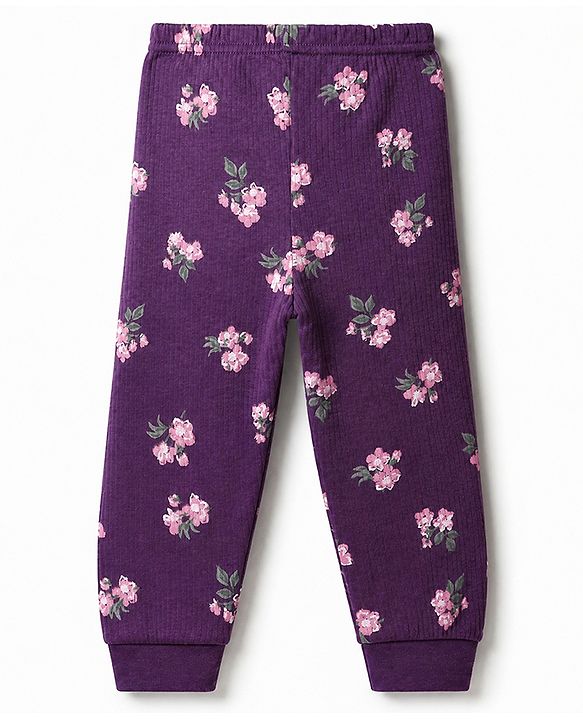 Babyhug Cotton Mix Knit Full Sleeves Thermal Inner Wear Set with Floral Print in Purple
