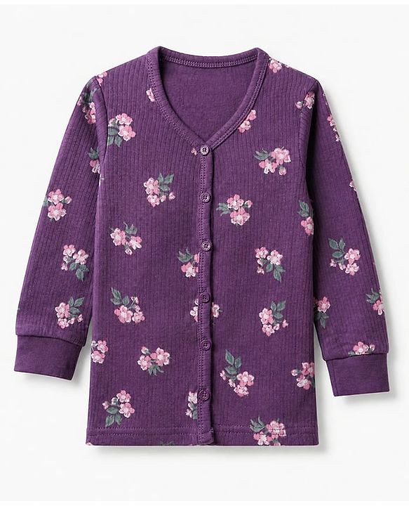 Babyhug Cotton Mix Knit Full Sleeves Thermal Inner Wear Set with Floral Print in Purple