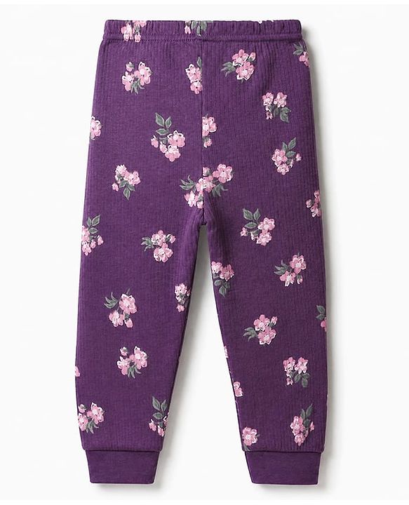 Babyhug Cotton Mix Knit Full Sleeves Thermal Inner Wear Set with Floral Print in Purple