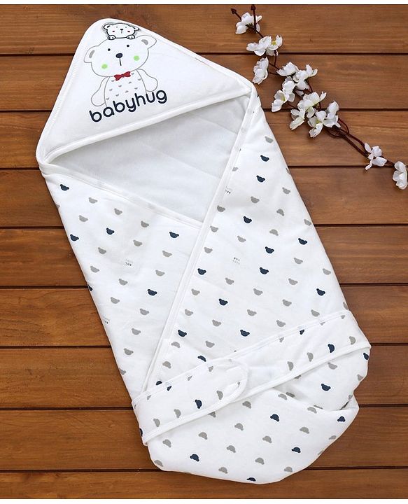 Babyhug Hooded Wrapper Bear Print - White & Blue