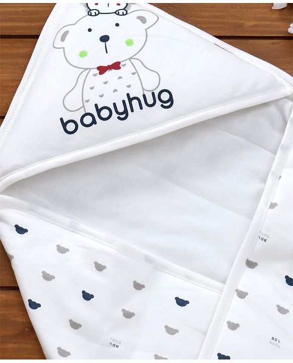Babyhug Hooded Wrapper Bear Print - White & Blue