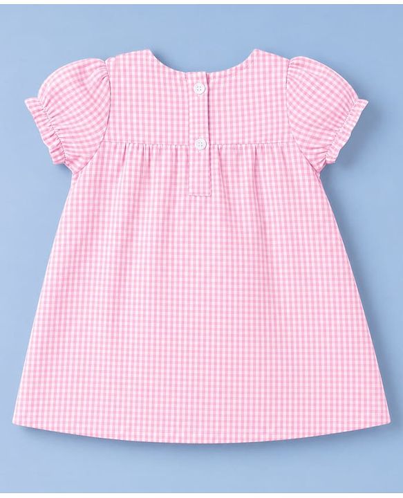 Babyhug Woven Half Puffed Sleeves Checkered Frock with Bloomer & Headband - Pink