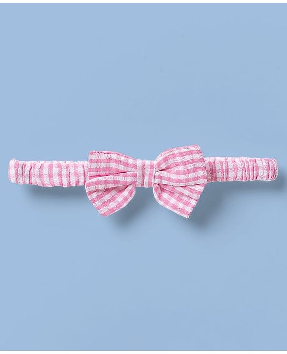 Babyhug Woven Half Puffed Sleeves Checkered Frock with Bloomer & Headband - Pink