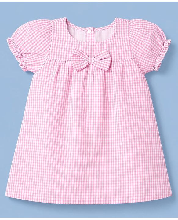 Babyhug Woven Half Puffed Sleeves Checkered Frock with Bloomer & Headband - Pink