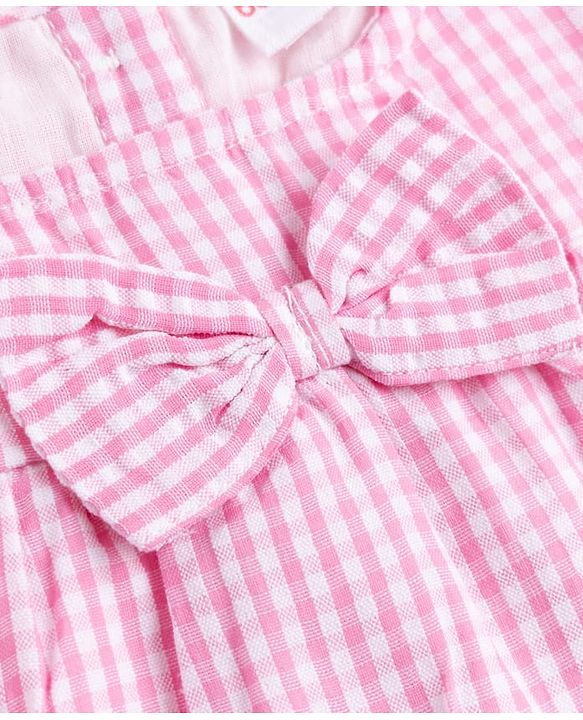 Babyhug Woven Half Puffed Sleeves Checkered Frock with Bloomer & Headband - Pink