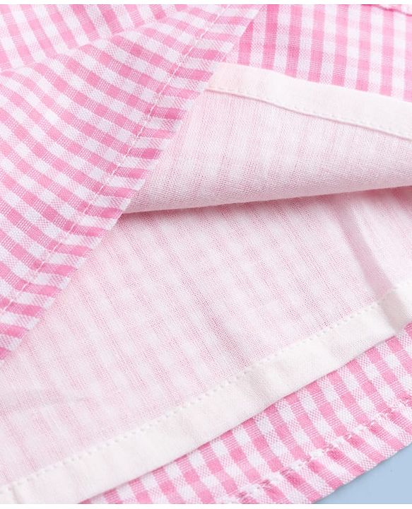 Babyhug Woven Half Puffed Sleeves Checkered Frock with Bloomer & Headband - Pink