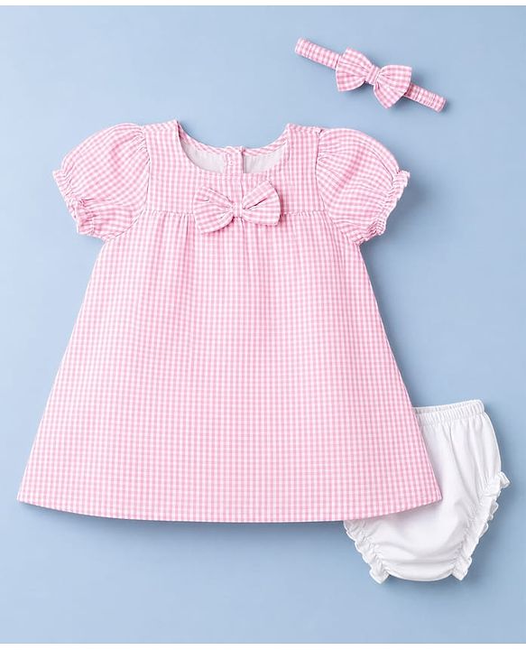 Babyhug Woven Half Puffed Sleeves Checkered Frock with Bloomer & Headband - Pink