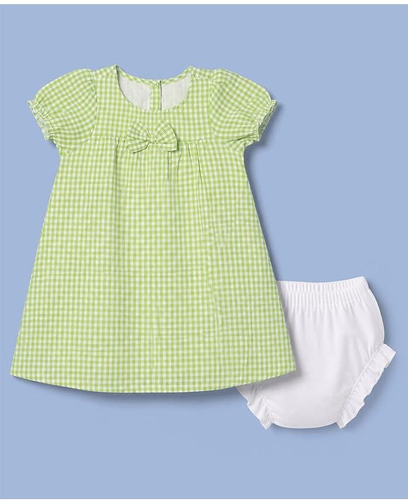Babyhug Cotton Woven Half Sleeves Checked Frock with Bloomer & Bow Applique - Green