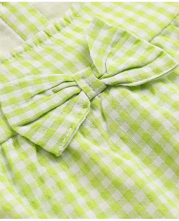 Babyhug Cotton Woven Half Sleeves Checked Frock with Bloomer & Bow Applique - Green