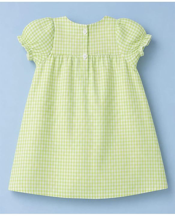 Babyhug Cotton Woven Half Sleeves Checked Frock with Bloomer & Bow Applique - Green