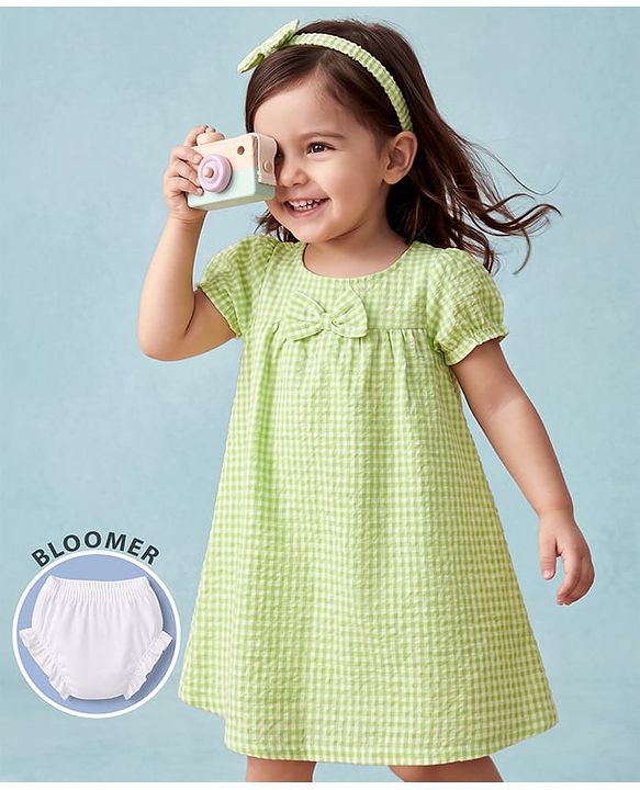 Babyhug Cotton Woven Half Sleeves Checked Frock with Bloomer & Bow Applique - Green