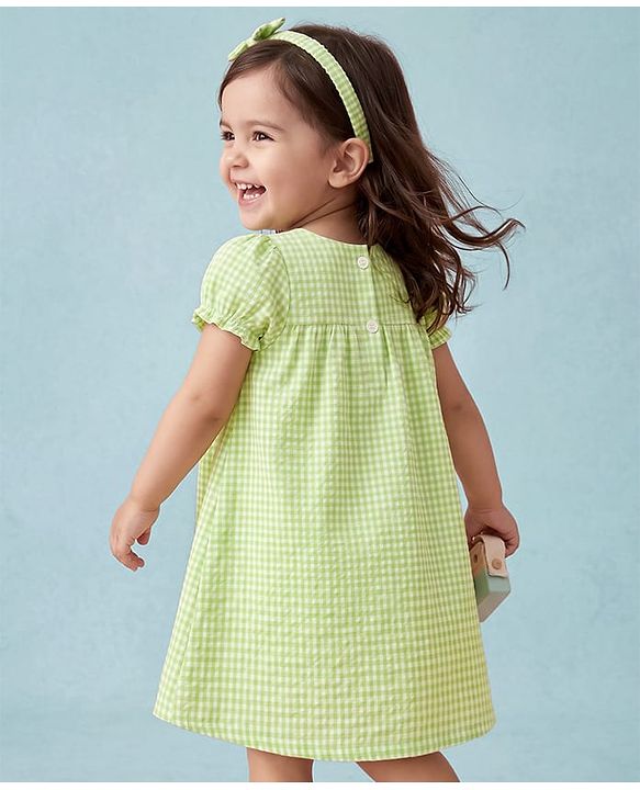 Babyhug Cotton Woven Half Sleeves Checked Frock with Bloomer & Bow Applique - Green