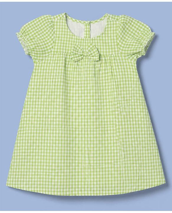Babyhug Cotton Woven Half Sleeves Checked Frock with Bloomer & Bow Applique - Green