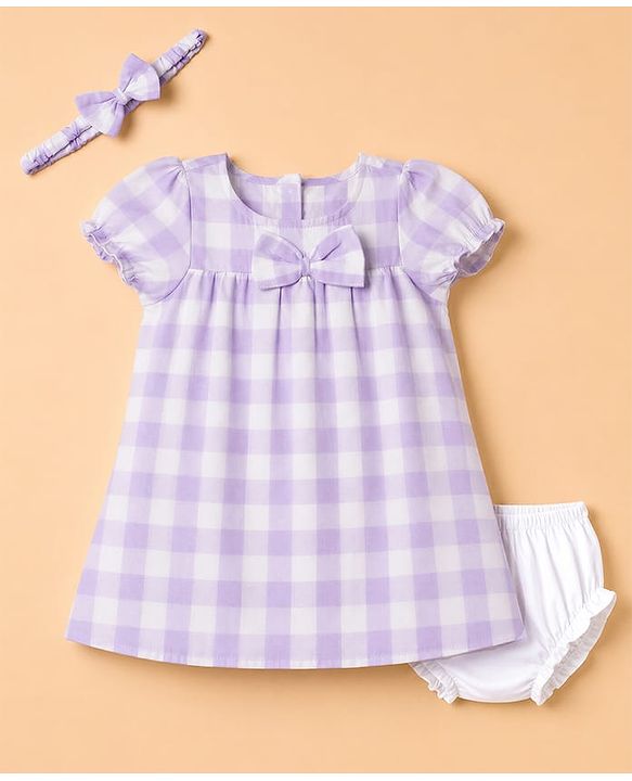 Babyhug Woven Half Puffed Sleeves Checkered Frock with Bloomer & Headband - Lavender